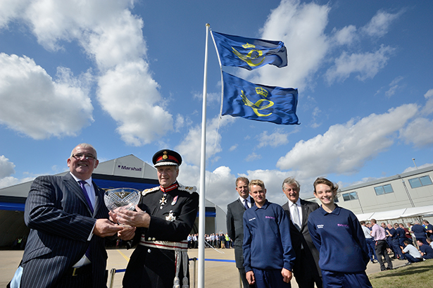 L-R Steve Fitz-Gerald, CEO Marshall Aerospace and Defence Group, Sir Hugh Duberly – Lord Lieutenant of Cambridgeshire, Robert Marshall – CEO Marshall of Cambridge, Stanley Carter – first year apprentice, Sir Michael Marshall – Chairman of Marshall of Cambridge and Kimberlee Gretton – first year apprentice
