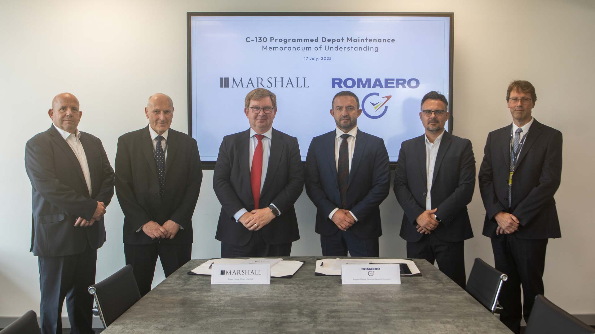 From left to right: - Chris Dare, Director, MRO Services and Solutions, Marshall - John Davis, Head of Service Development, Marshall - Roger Hardy, Chair, Marshall - Bogdan Costas, Director General, Romaero - Mircea Nicolae Cotoros, Commercial Director, Romaero - Neil Goulding, Head of Commercial (Aero Engineering Services), Marshall